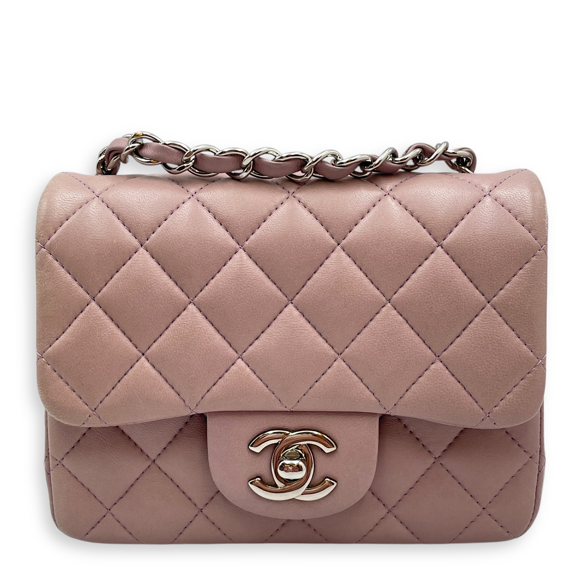 Square Mini Pink Flap Bag in Calfskin, Silver hardware