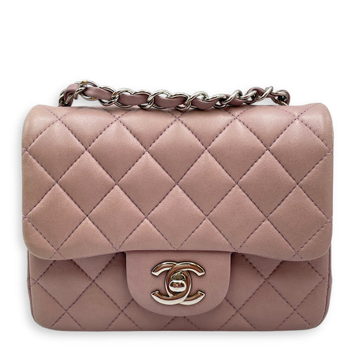 Square Mini Pink Flap Bag in Calfskin, Silver hardware