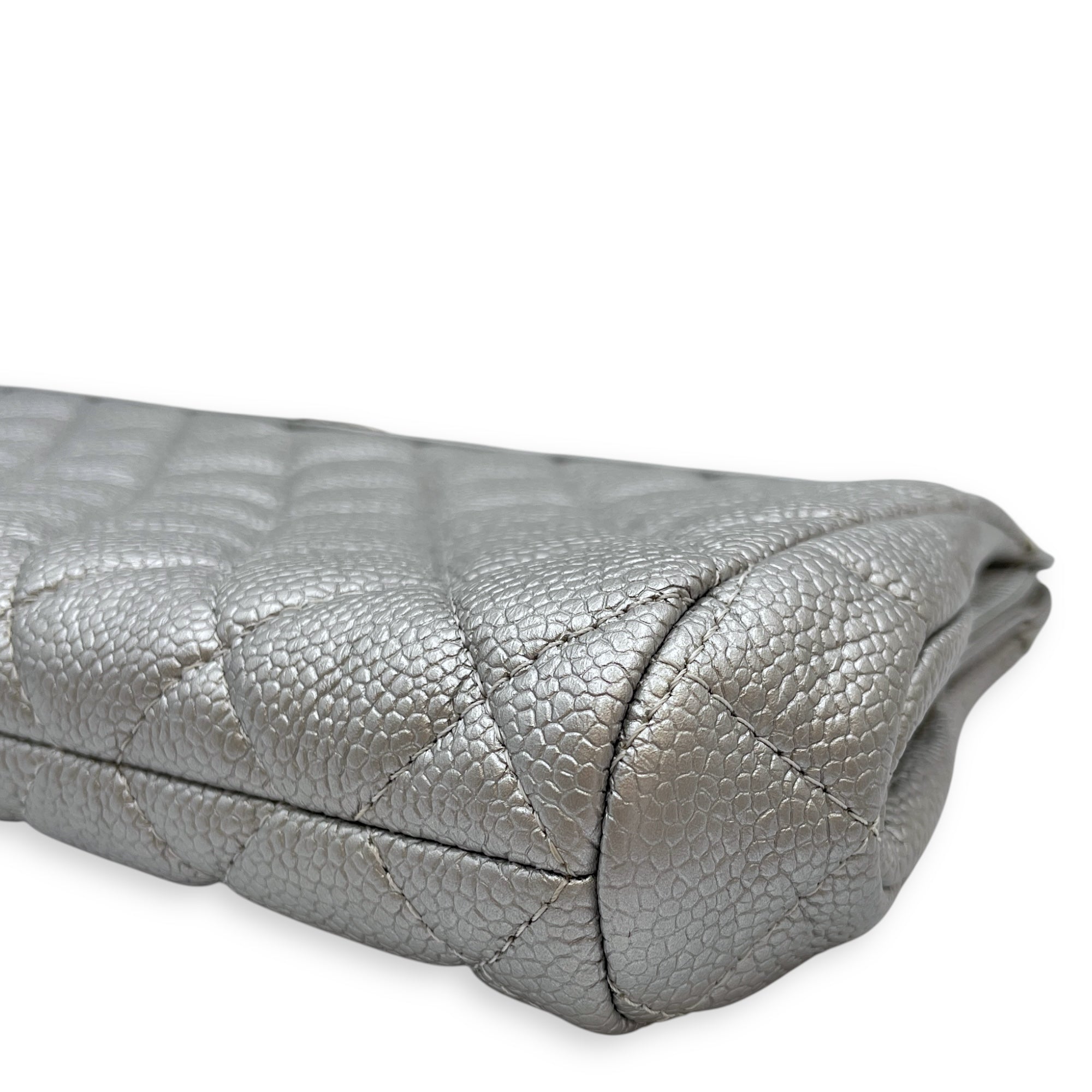 CC Quilted Silver Clutch in Caviar Leather, Ruthenium hardware