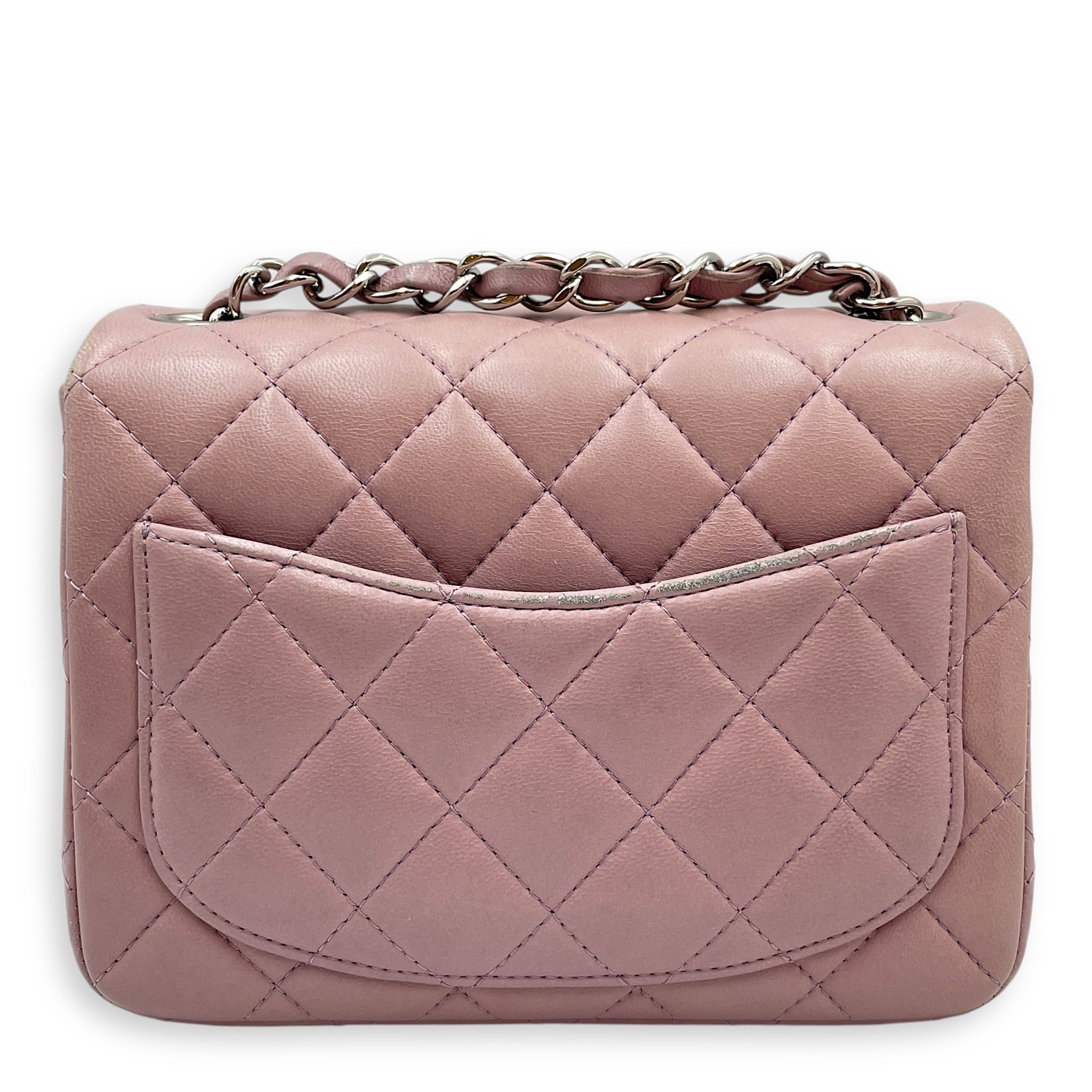 Square Mini Pink Flap Bag in Calfskin, Silver hardware