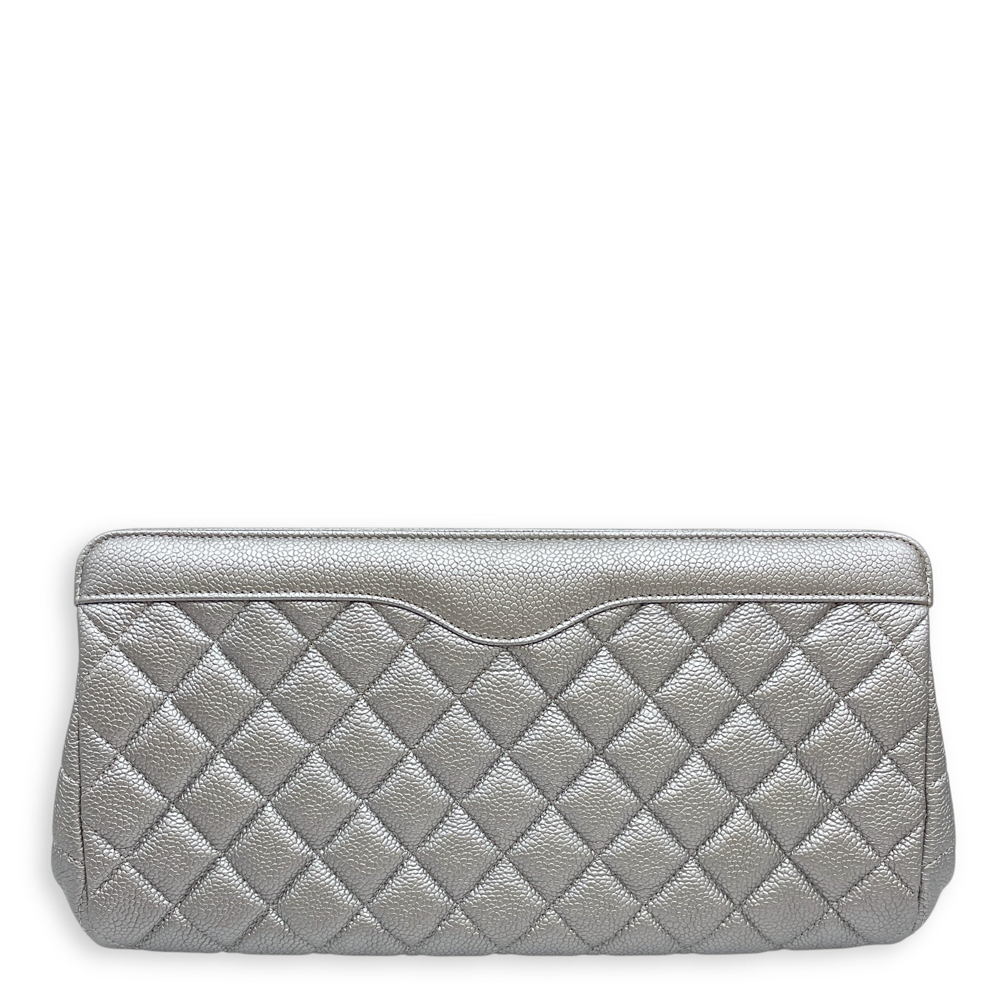 CC Quilted Silver Clutch in Caviar Leather, Ruthenium hardware