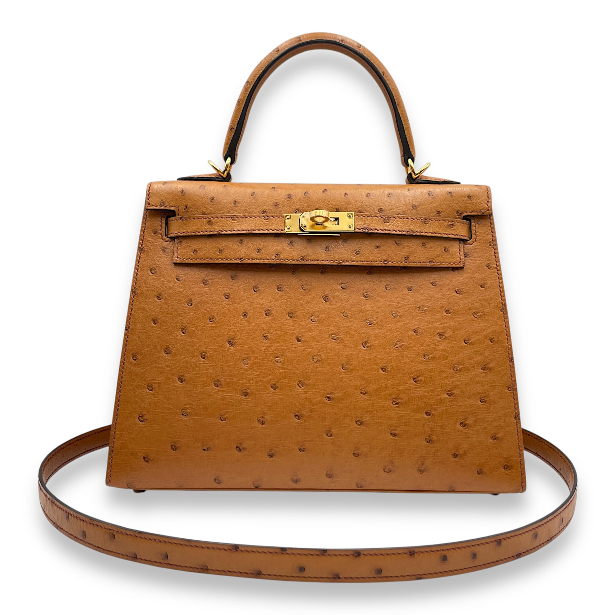 Sellier Kelly 25 Cognac in Ostrich, Gold hardware