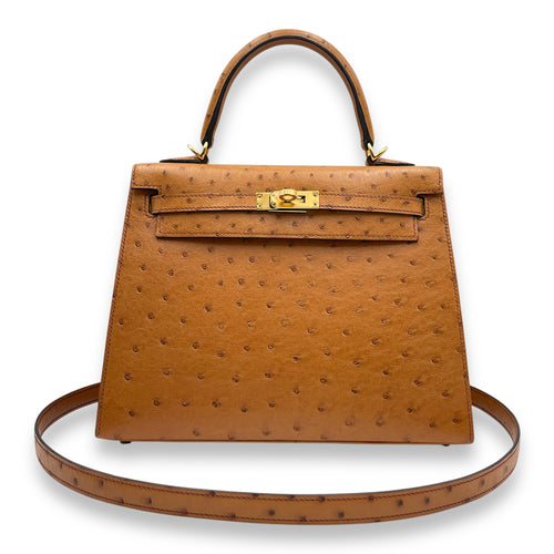 Sellier Kelly 25 Cognac in Ostrich, Gold hardware