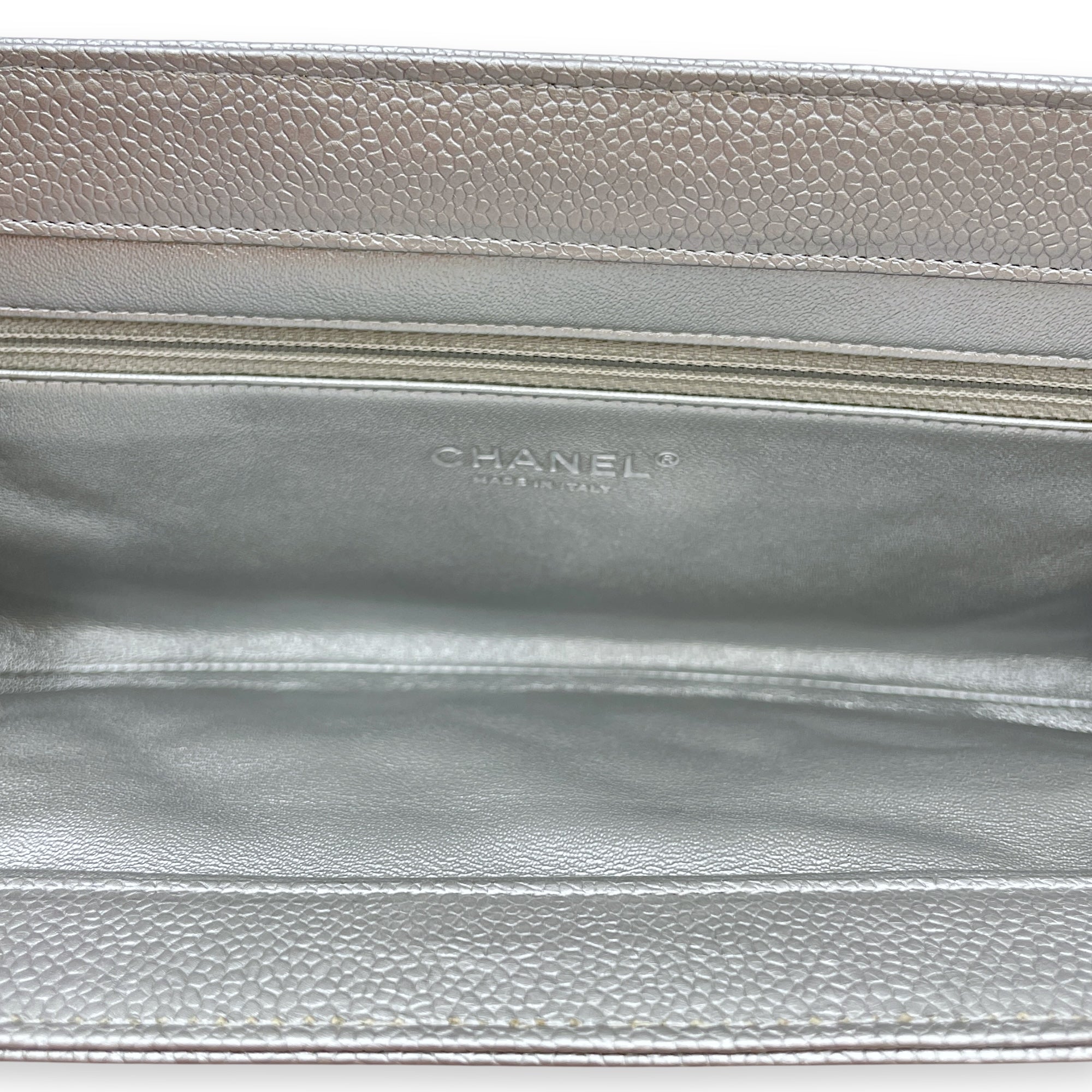 CC Quilted Silver Clutch in Caviar Leather, Ruthenium hardware