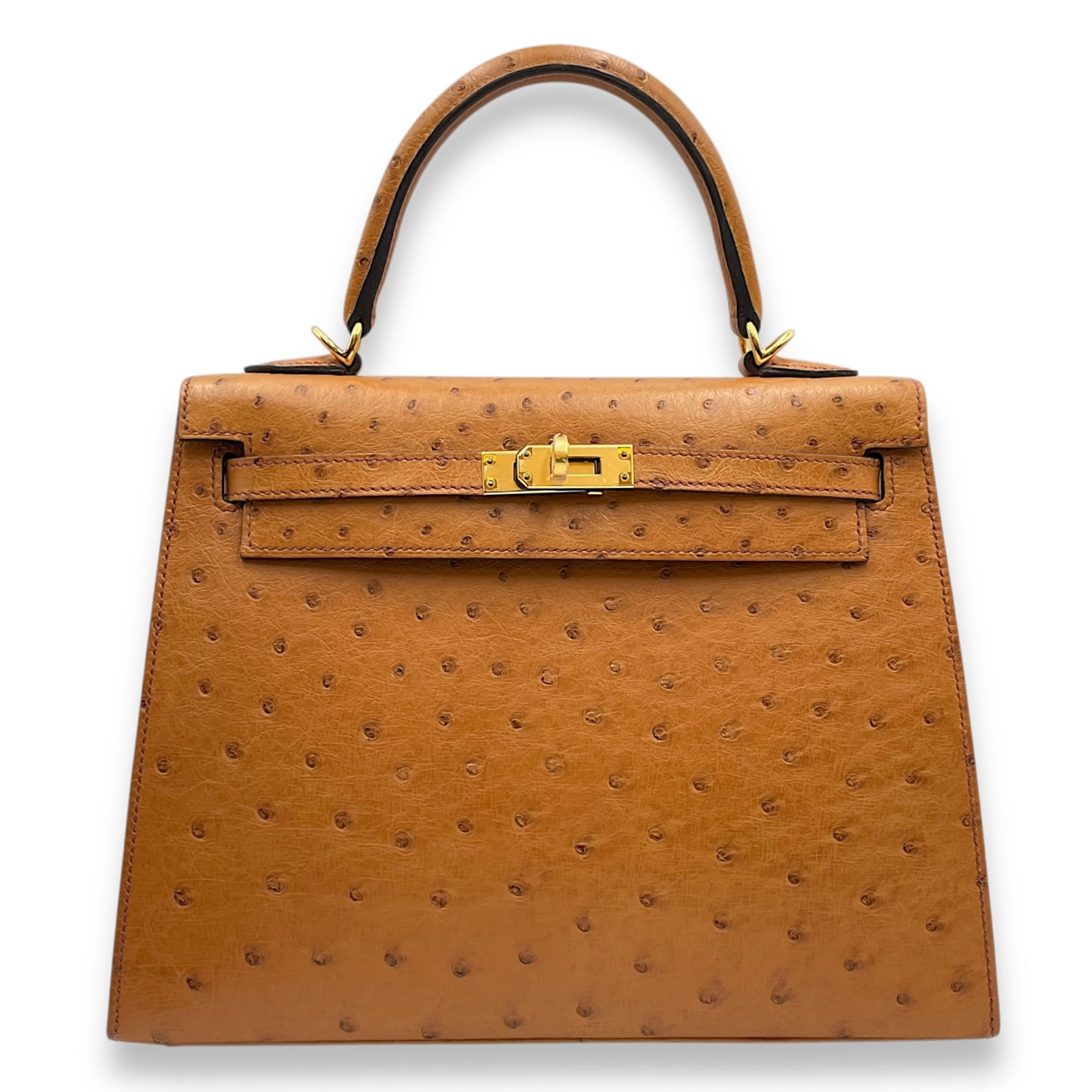 Sellier Kelly 25 Cognac in Ostrich, Gold hardware