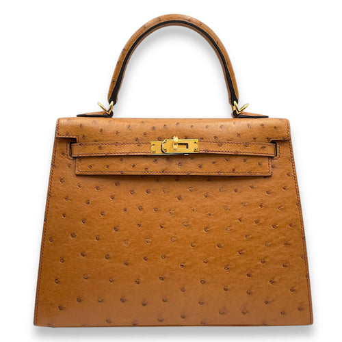 Sellier Kelly 25 Cognac in Ostrich, Gold hardware
