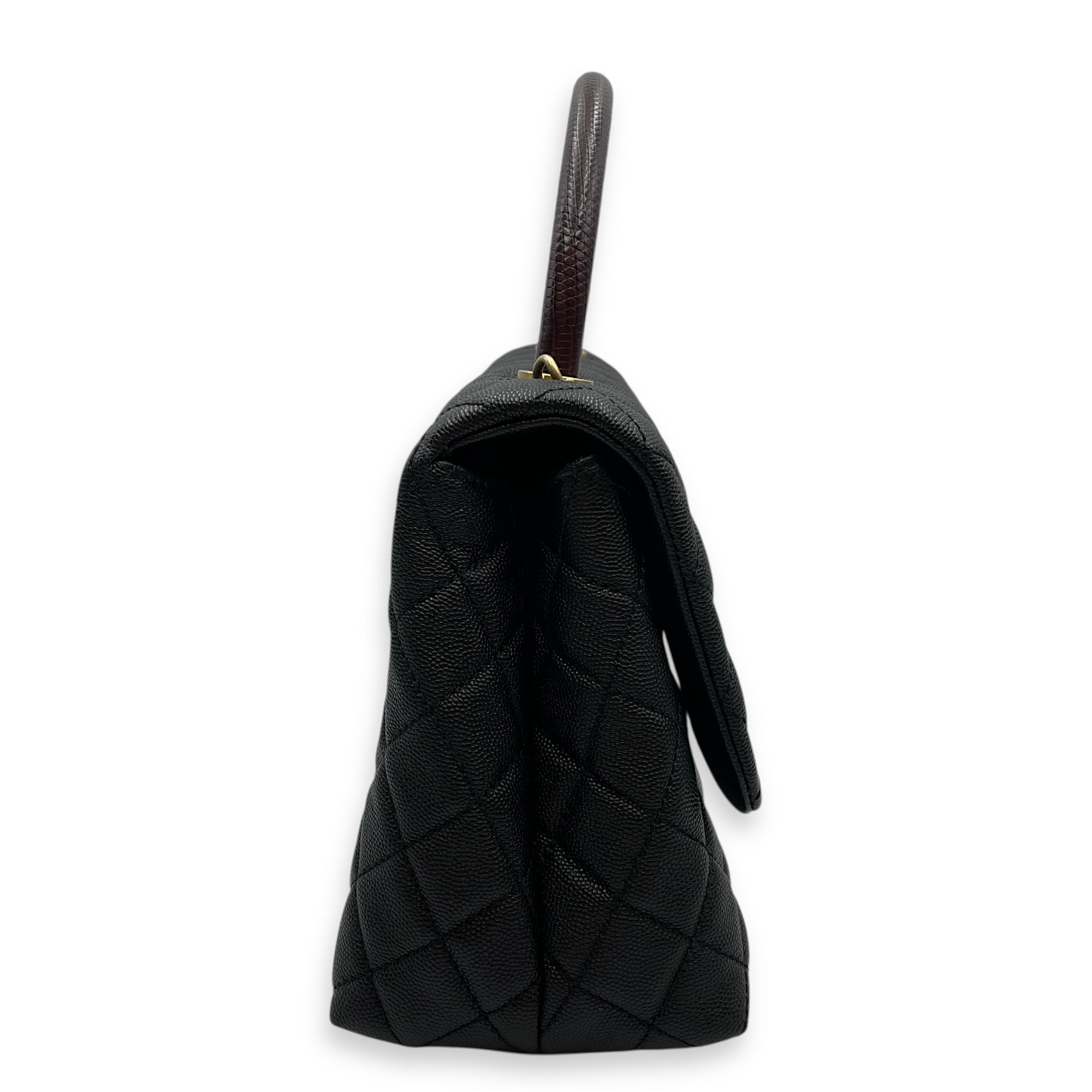Coco Lizard Handle Medium Black Flap Bag in Caviar Leather, Gold hardware