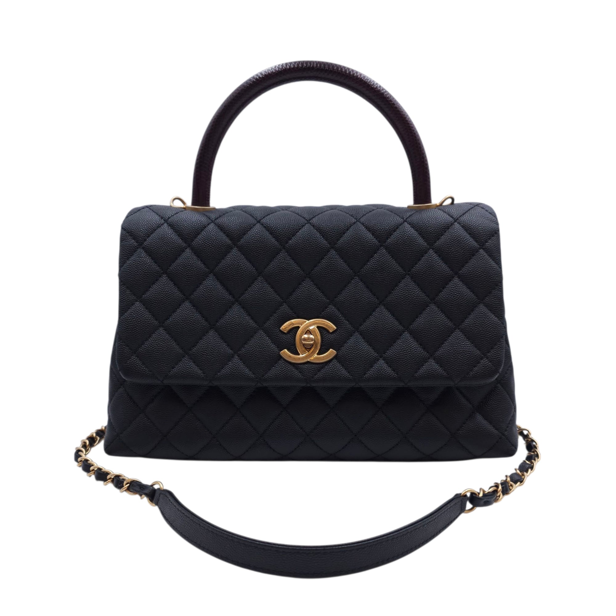 Coco Lizard Handle Medium Black Flap Bag in Caviar Leather, Gold hardware
