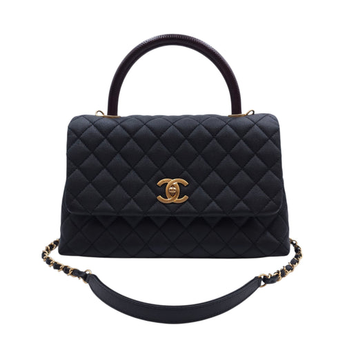 Coco Lizard Handle Medium Black Flap Bag in Caviar Leather, Gold hardware