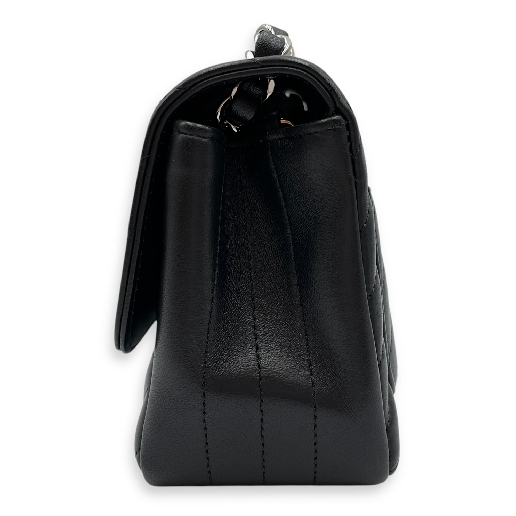 Square Chevron Mini Black Flap Bag in Lambskin, Silver hardware