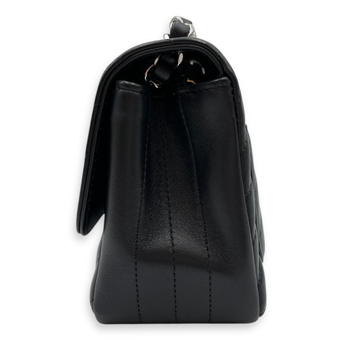 Square Chevron Mini Black Flap Bag in Lambskin, Silver hardware