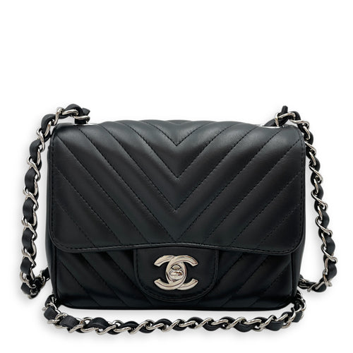 Square Chevron Mini Black Flap Bag in Lambskin, Silver hardware
