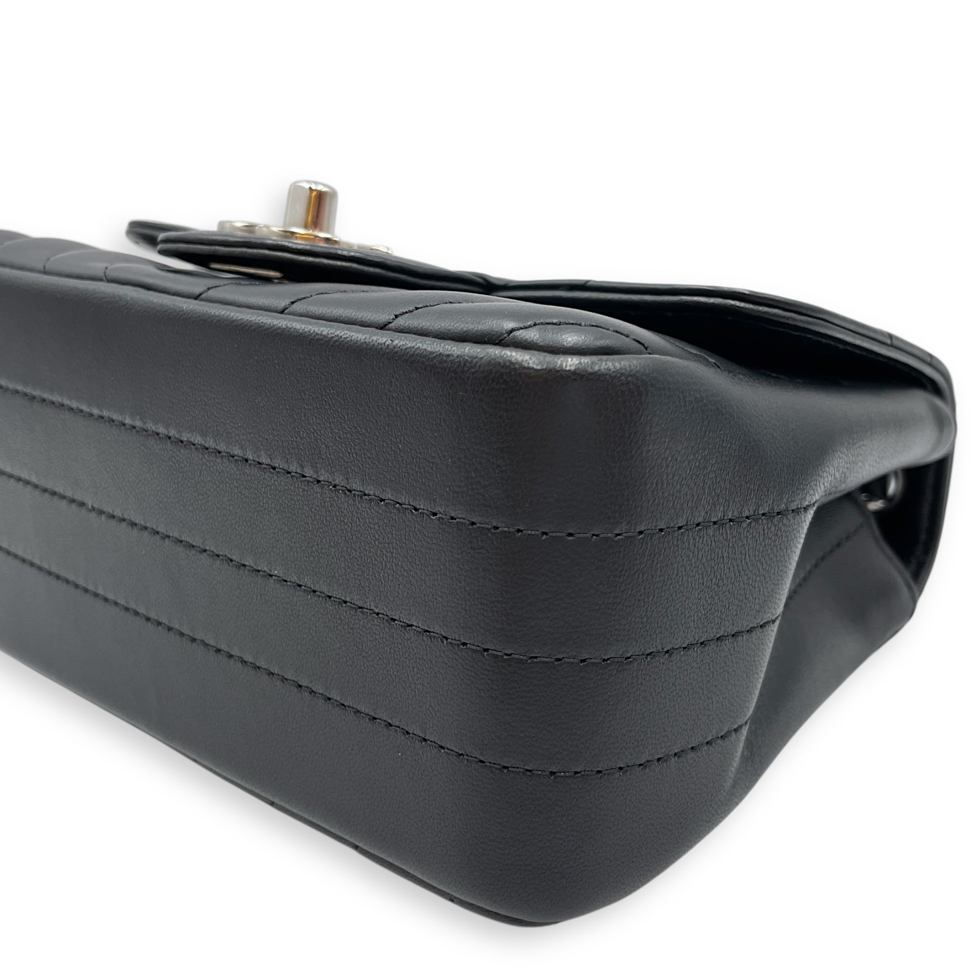 Square Chevron Mini Black Flap Bag in Lambskin, Silver hardware