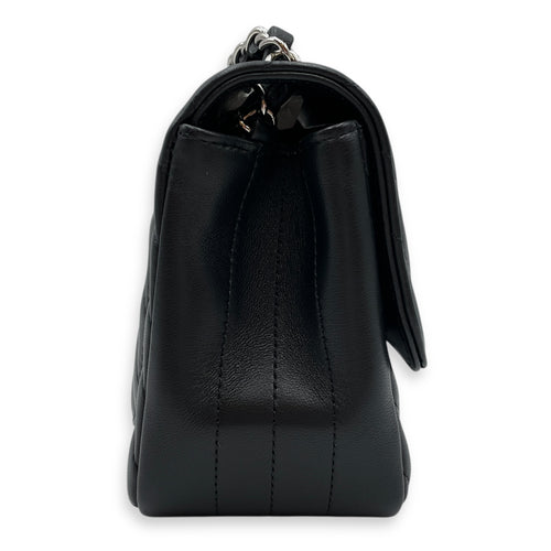 Square Chevron Mini Black Flap Bag in Lambskin, Silver hardware