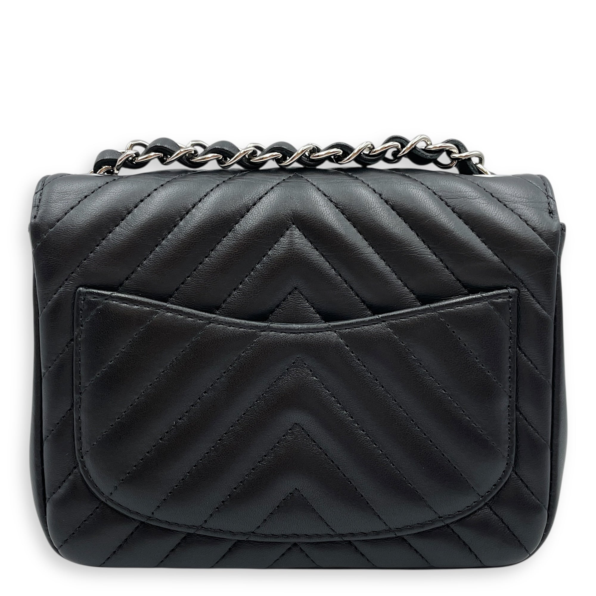 Square Chevron Mini Black Flap Bag in Lambskin, Silver hardware