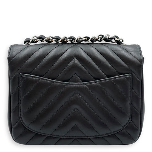 Square Chevron Mini Black Flap Bag in Lambskin, Silver hardware