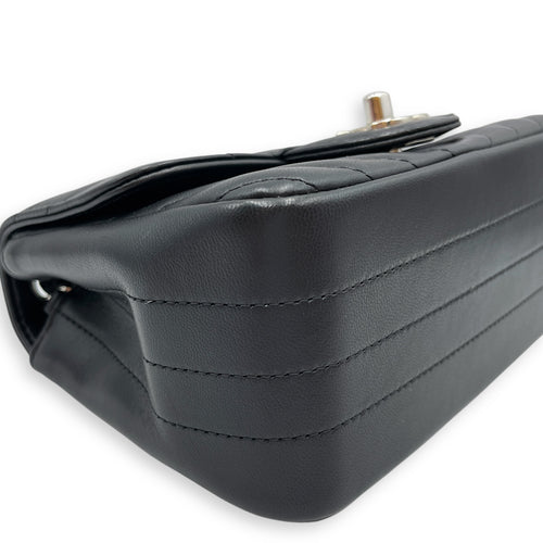 Square Chevron Mini Black Flap Bag in Lambskin, Silver hardware