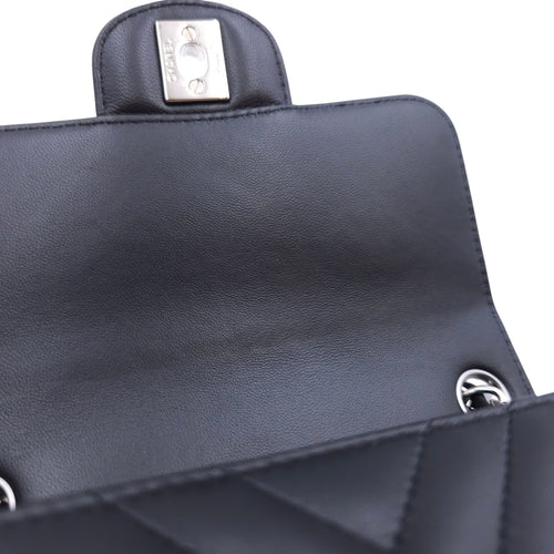 Square Chevron Mini Black Flap Bag in Lambskin, Silver hardware