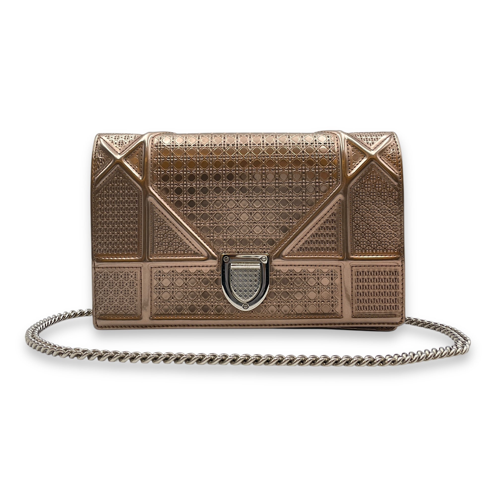 Cannage Micro Gold Wallet on Chain in Metallic Patent Leather, Silver hardware