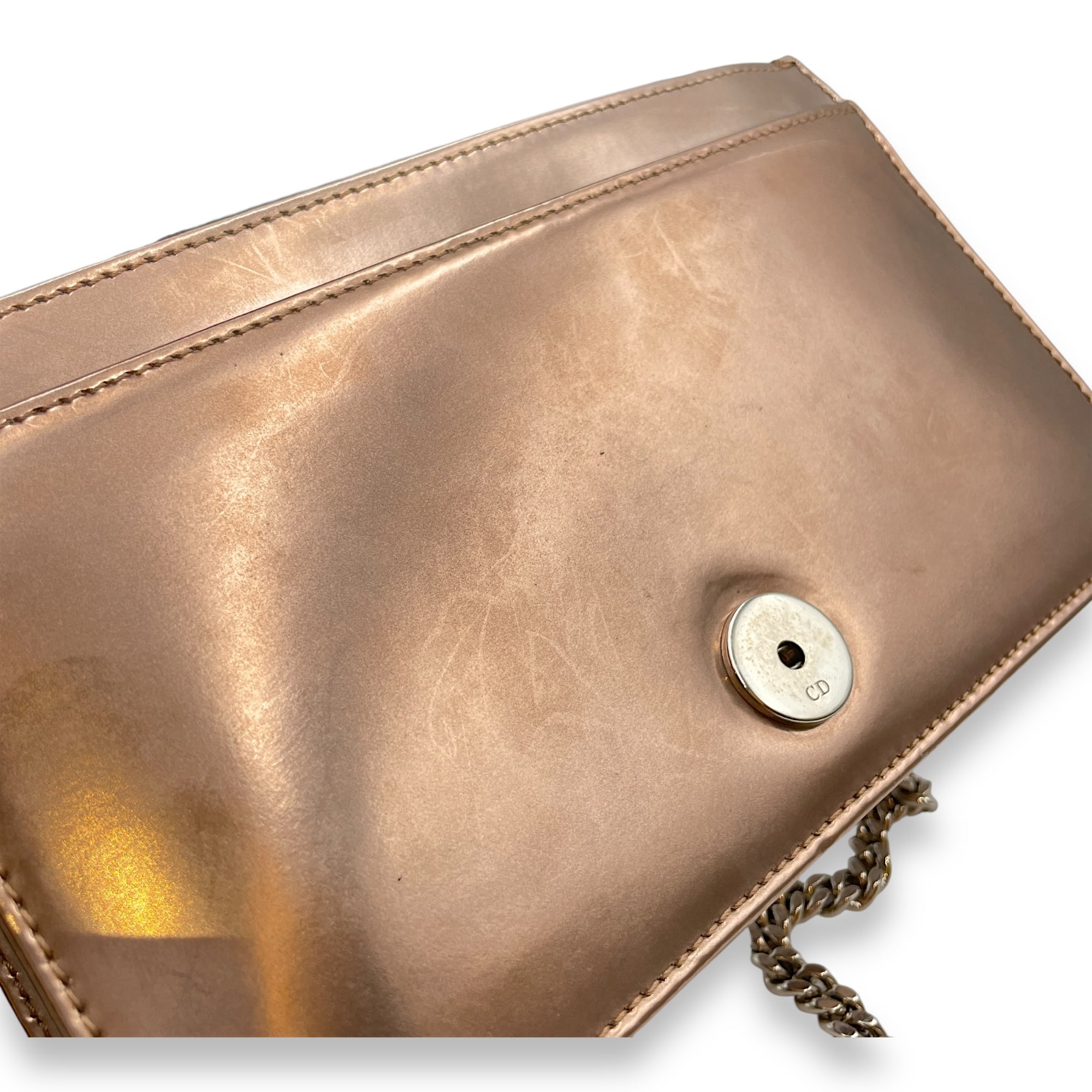 Cannage Micro Gold Wallet on Chain in Metallic Patent Leather, Silver hardware
