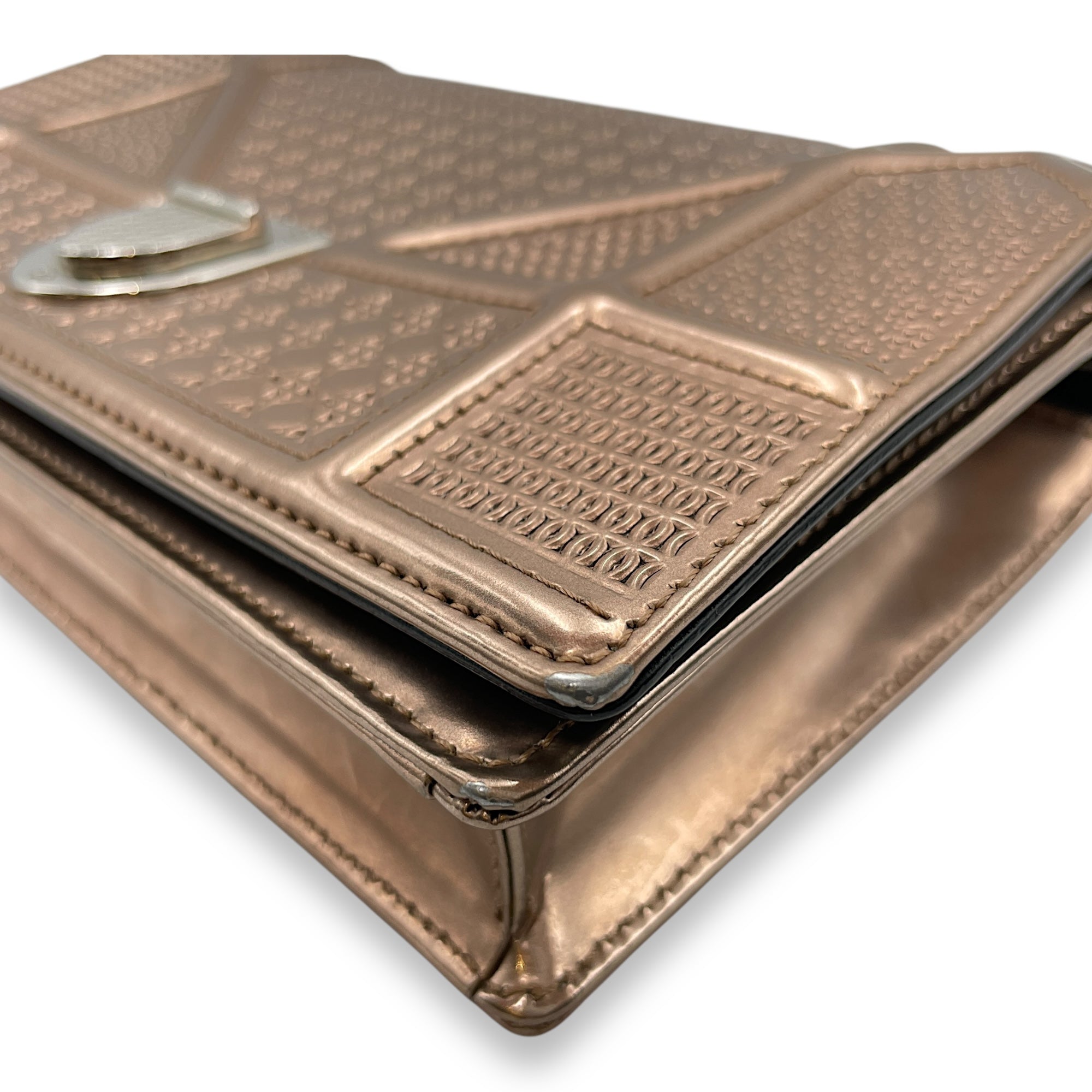Cannage Micro Gold Wallet on Chain in Metallic Patent Leather, Silver hardware
