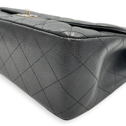 Quilted CC Jumbo Black Flap Bag in Caviar Leather, Silver hardware