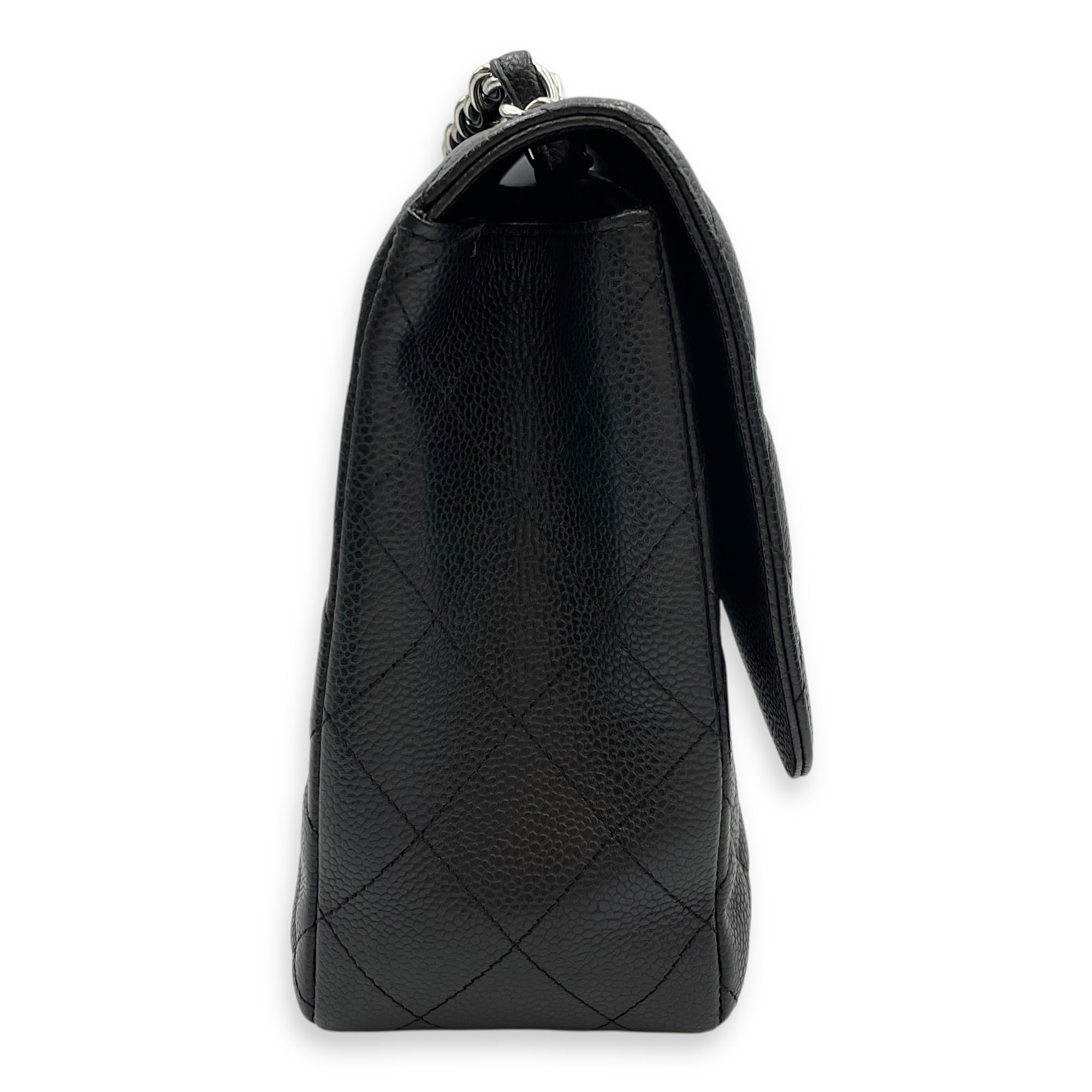 Quilted CC Jumbo Black Flap Bag in Caviar Leather, Silver hardware