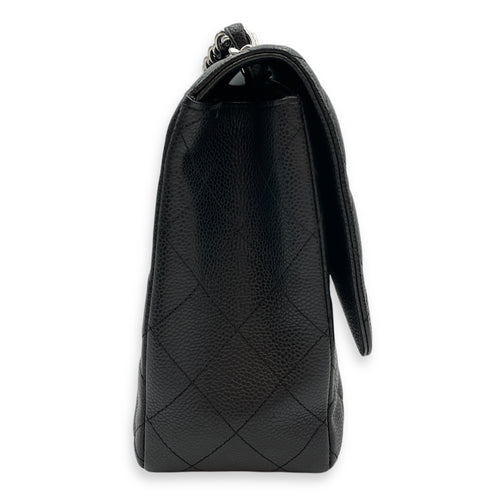 Quilted CC Jumbo Black Flap Bag in Caviar Leather, Silver hardware