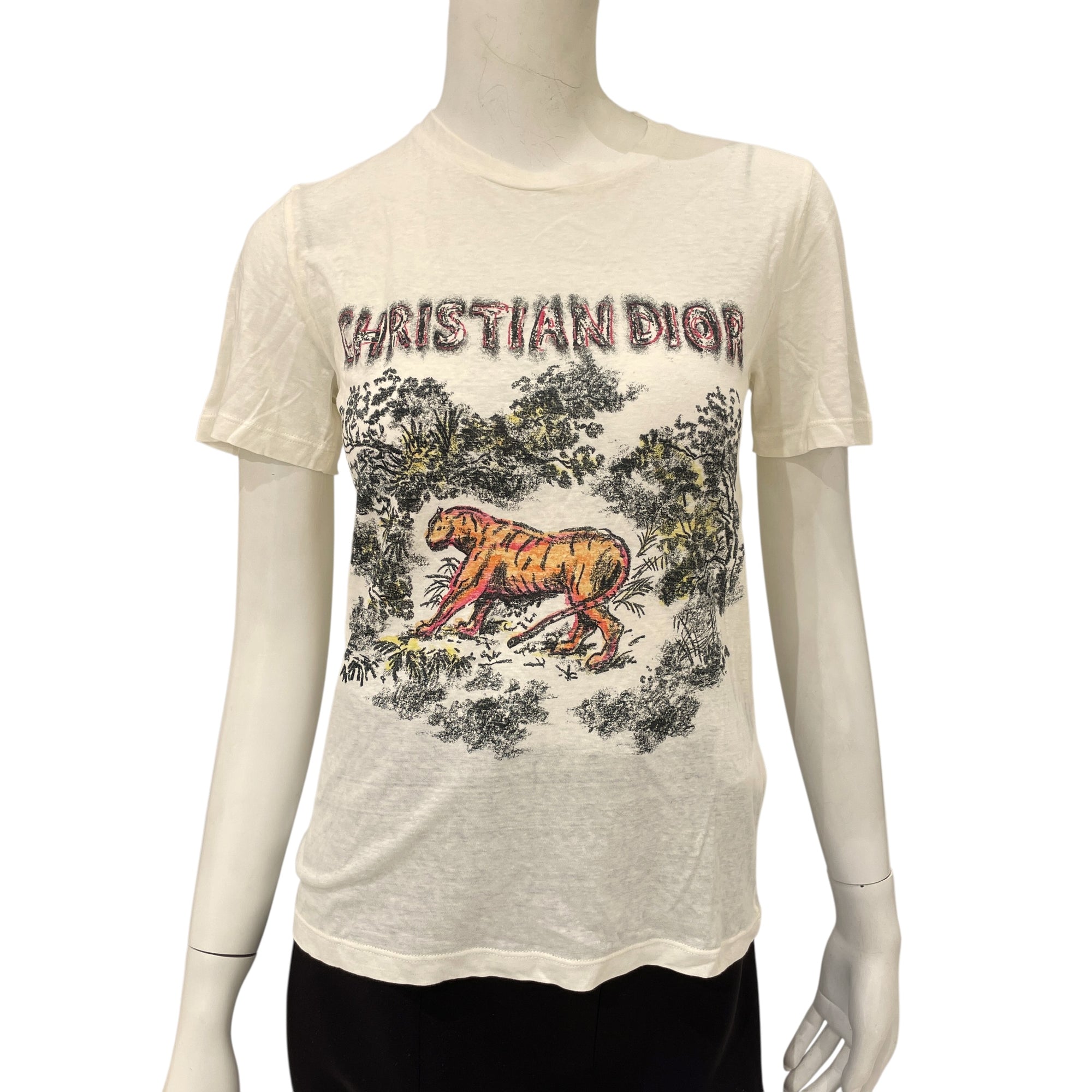 S/S T-Shirt Tiger Motif XS Cream/Orange Ready-To-Wear in Cotton