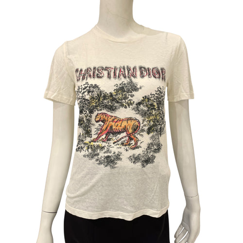 S/S T-Shirt Tiger Motif XS Cream/Orange Ready-To-Wear in Cotton
