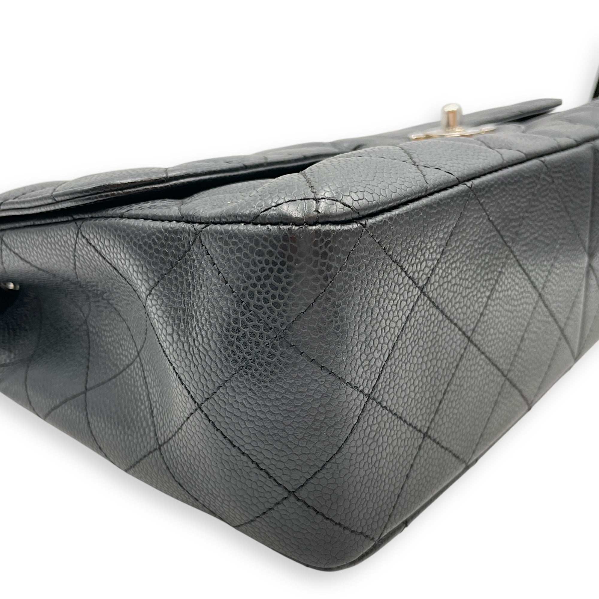 Quilted CC Jumbo Black Flap Bag in Caviar Leather, Silver hardware