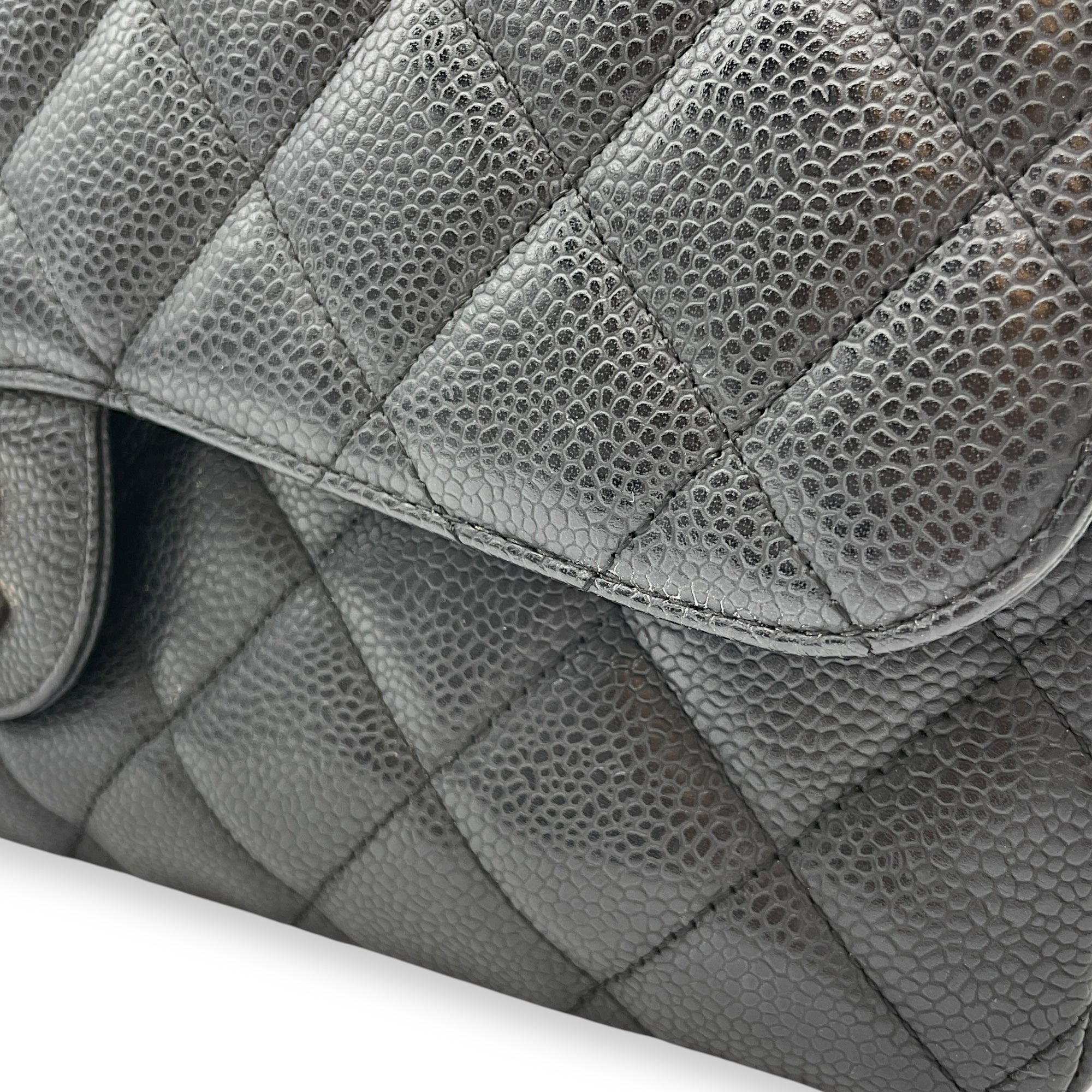 Quilted CC Jumbo Black Flap Bag in Caviar Leather, Silver hardware