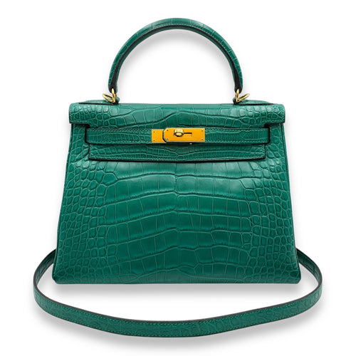 Kelly 28 Malachite in Matte Alligator, Gold hardware