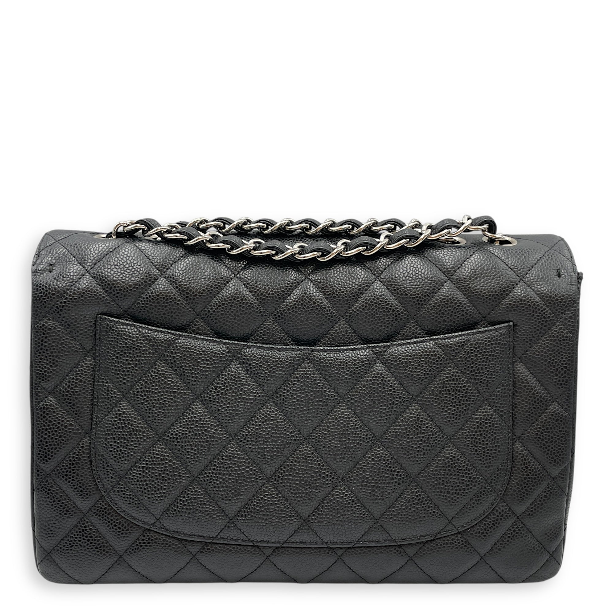 Quilted CC Jumbo Black Flap Bag in Caviar Leather, Silver hardware