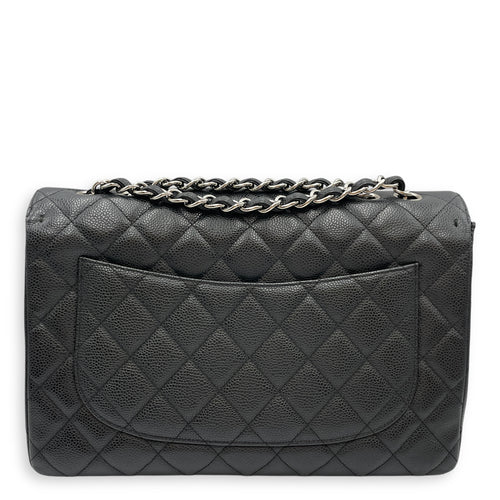 Quilted CC Jumbo Black Flap Bag in Caviar Leather, Silver hardware