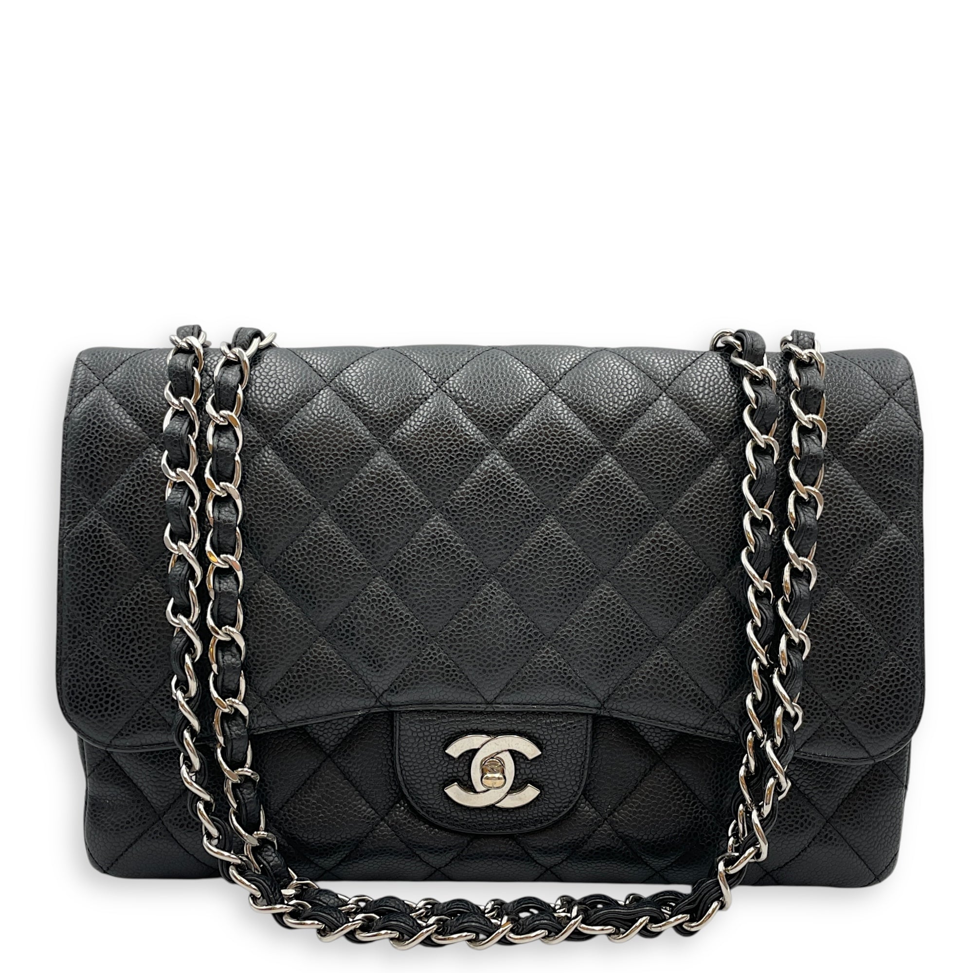 Quilted CC Jumbo Black Flap Bag in Caviar Leather, Silver hardware