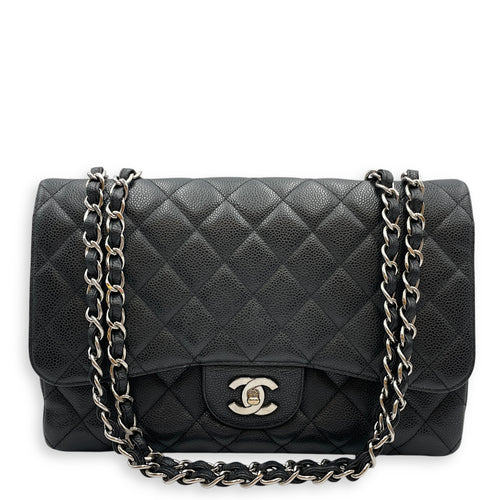 Quilted CC Jumbo Black Flap Bag in Caviar Leather, Silver hardware