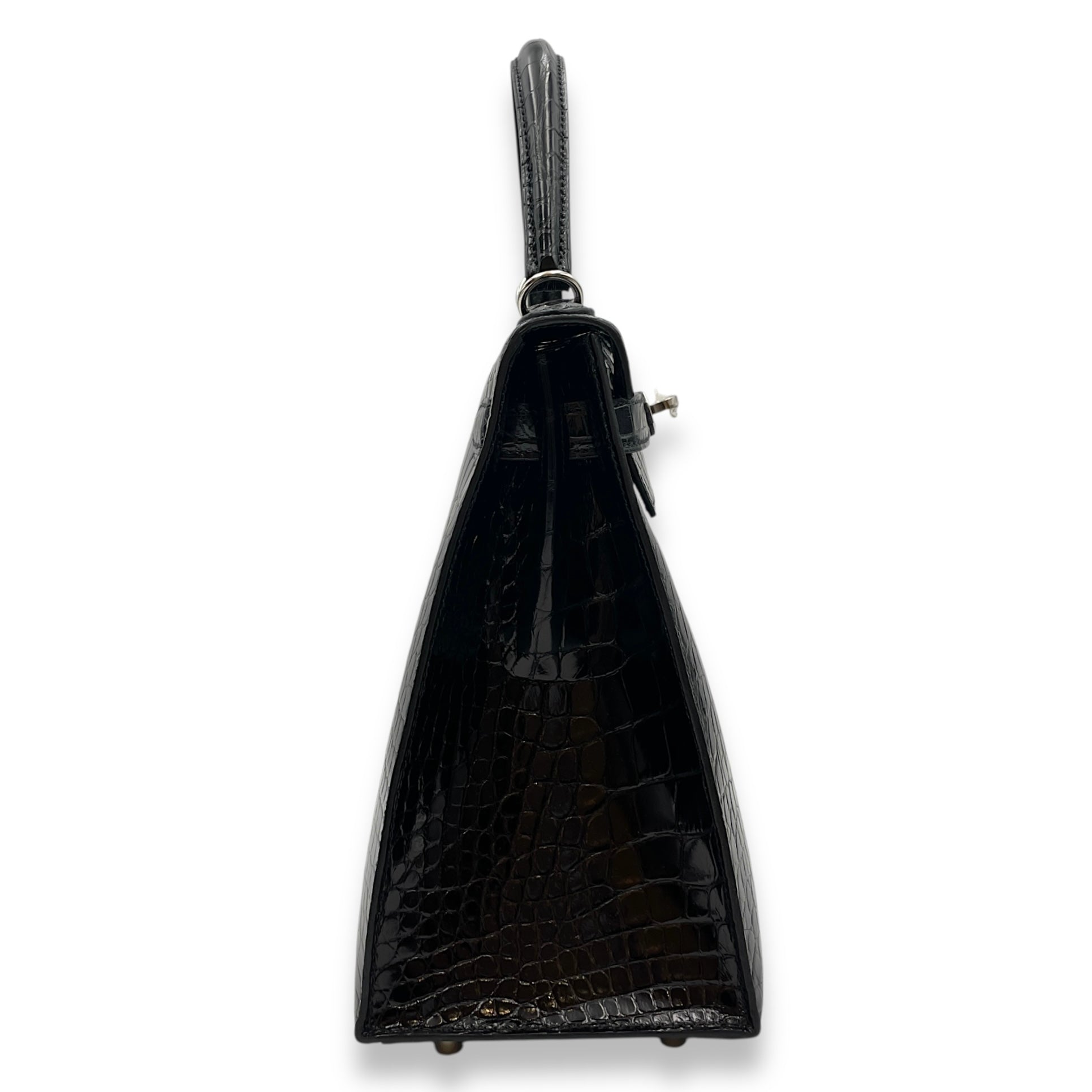 Sellier Kelly 28 Black in Shiny Alligator, Palladium hardware