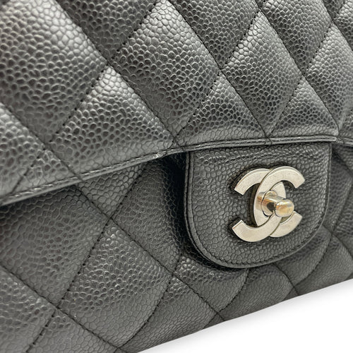 Quilted CC Jumbo Black Flap Bag in Caviar Leather, Silver hardware