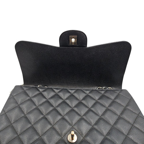 Quilted CC Jumbo Black Flap Bag in Caviar Leather, Silver hardware