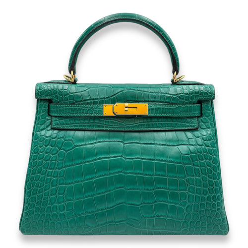 Kelly 28 Malachite in Matte Alligator, Gold hardware