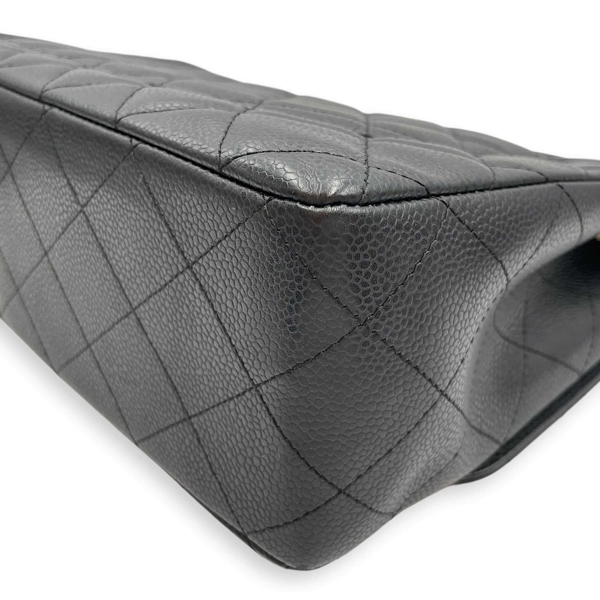 Quilted CC Jumbo Black Flap Bag in Caviar Leather, Silver hardware