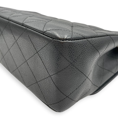 Quilted CC Jumbo Black Flap Bag in Caviar Leather, Silver hardware