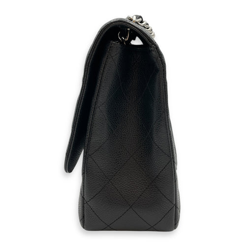 Quilted CC Jumbo Black Flap Bag in Caviar Leather, Silver hardware