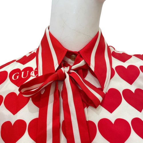 Heart-Print Silk-Twill Long Sleeve Blouse 36 Red/Blue Ready-To-Wear in Silk, Gold hardware
