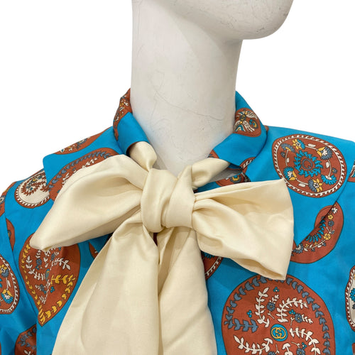 Paisley Print Scarf Blouse 36 Blue Ready-To-Wear in Silk