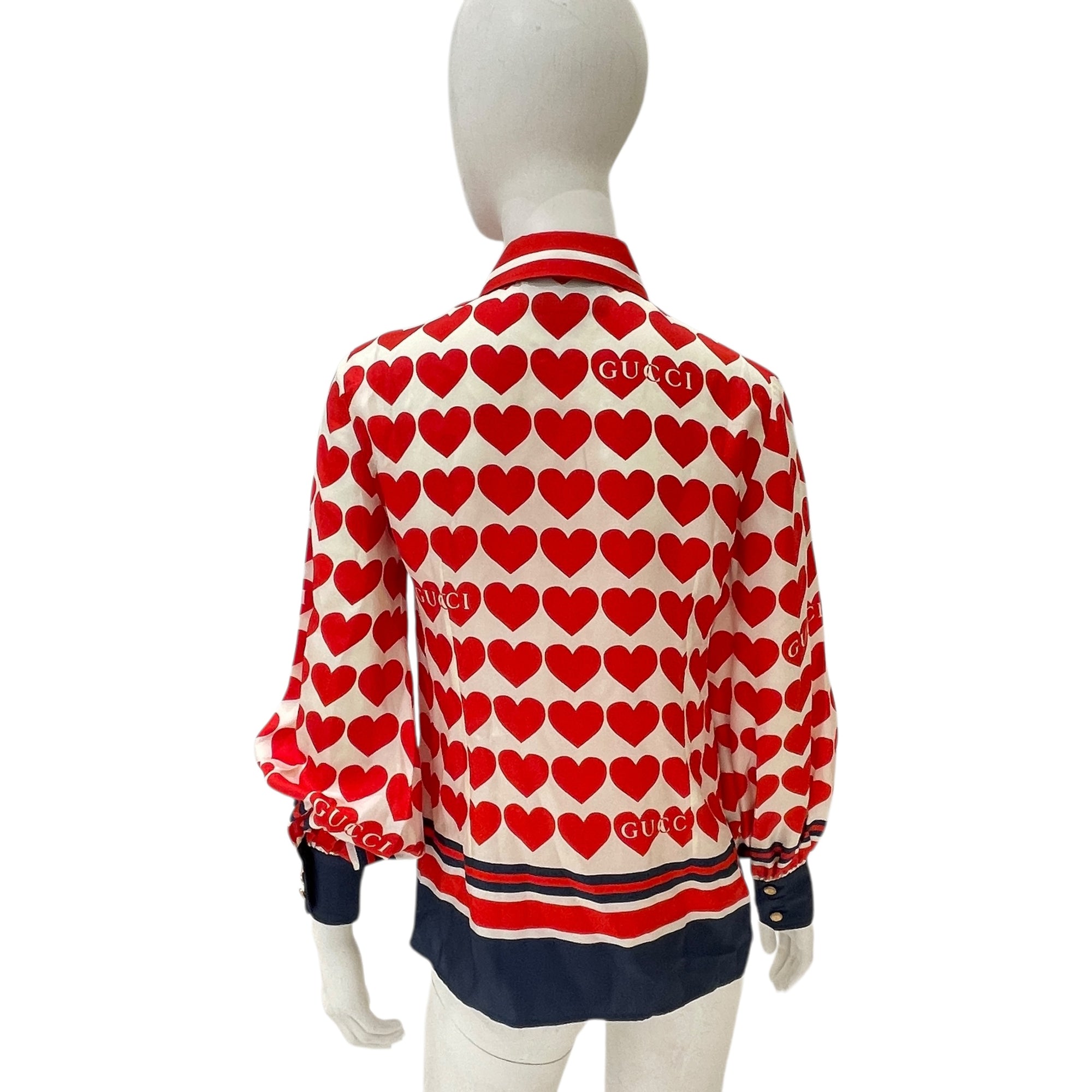 Heart-Print Silk-Twill Long Sleeve Blouse 36 Red/Blue Ready-To-Wear in Silk, Gold hardware