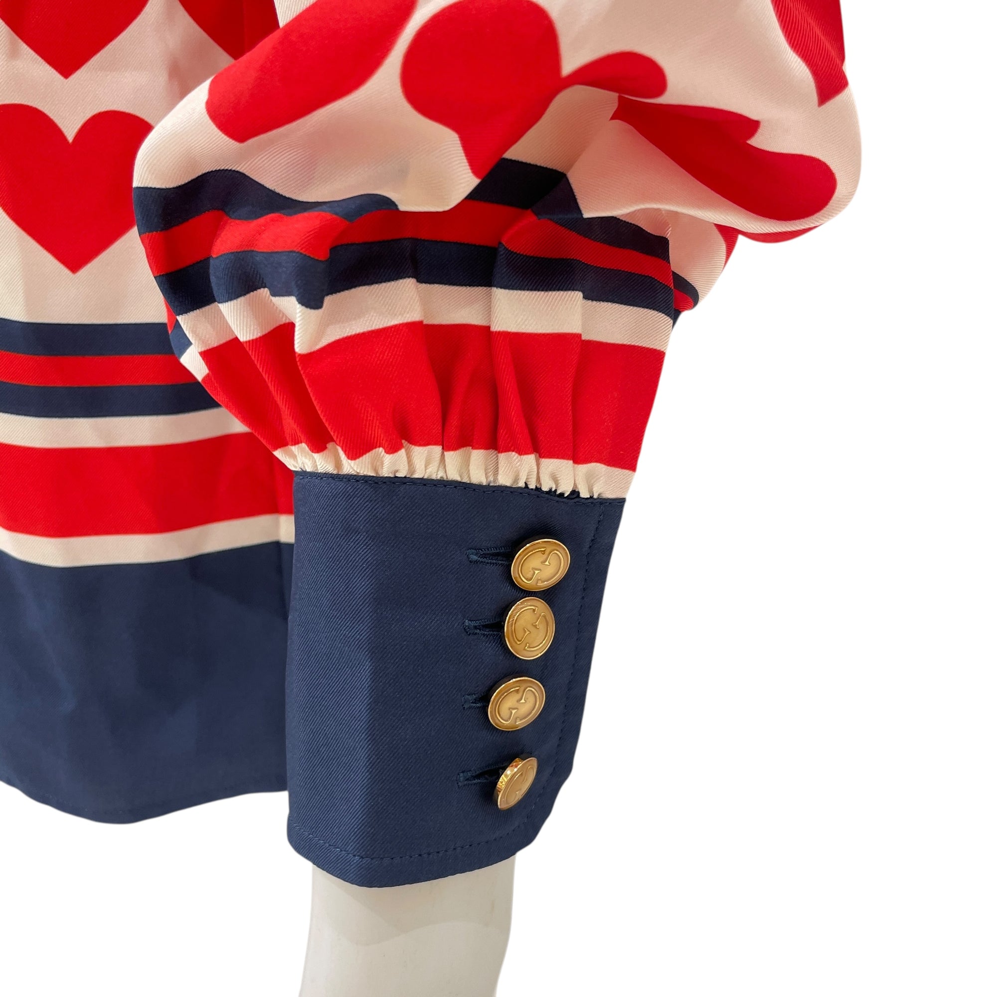 Heart-Print Silk-Twill Long Sleeve Blouse 36 Red/Blue Ready-To-Wear in Silk, Gold hardware