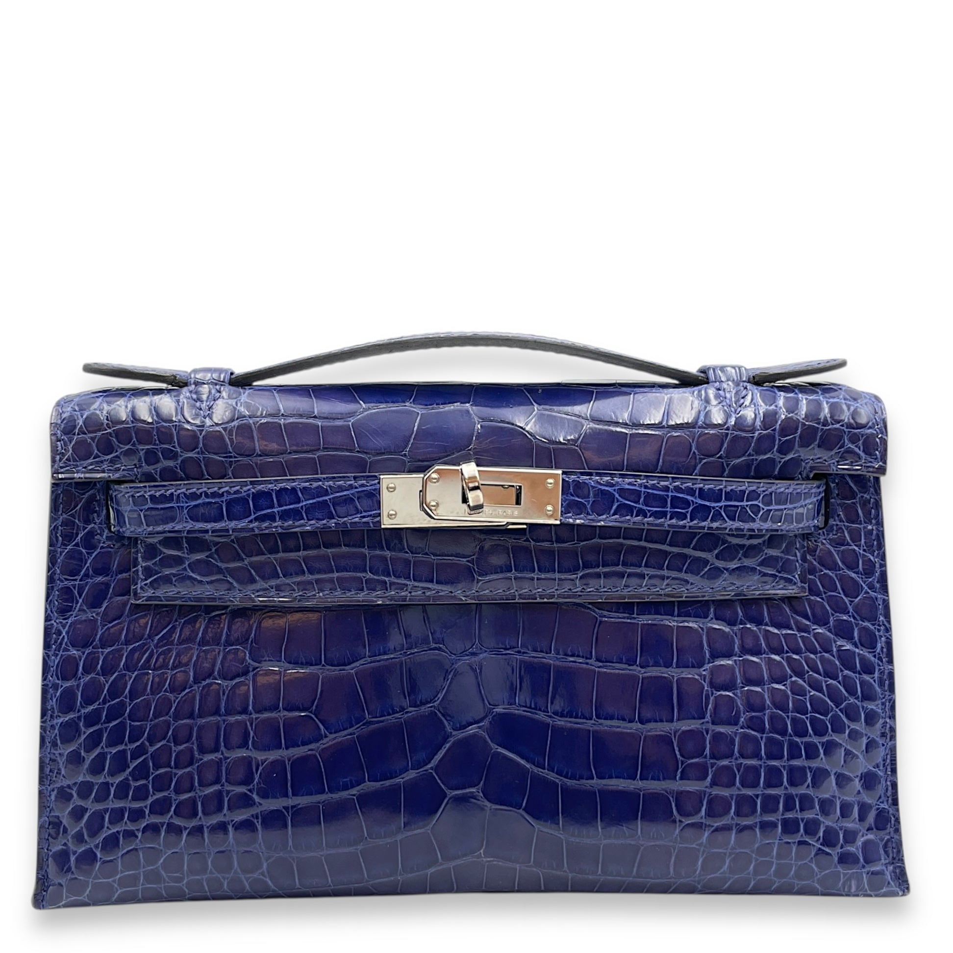 Kelly Pochette Blue Electric in Shiny Alligator, Palladium hardware