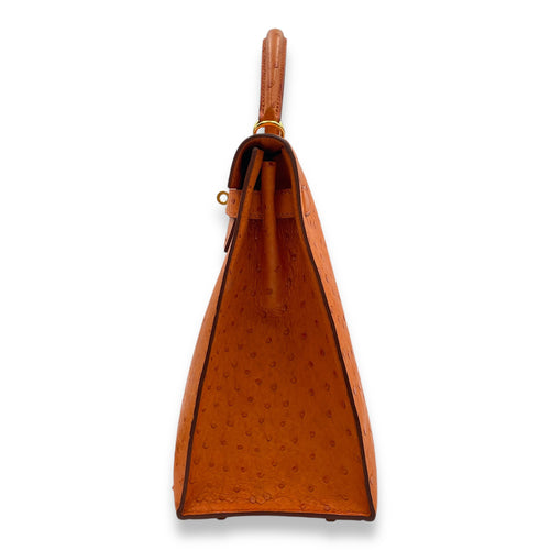 Sellier Kelly 32 Orange in Ostrich, Gold hardware